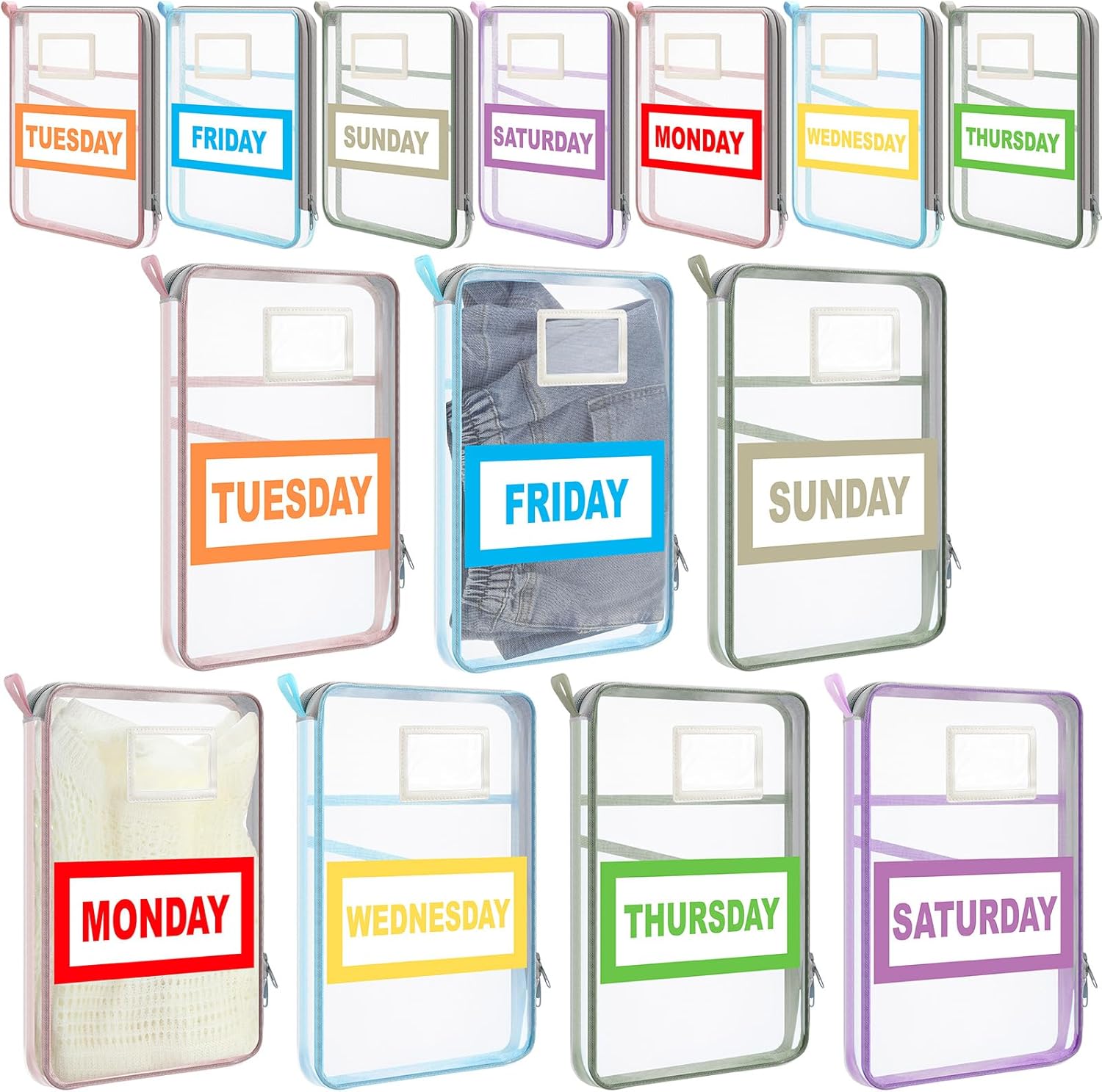 Honoson 7 Pack Packing Cubes for Travel Days of Week Packing Cubes with Labels Clear Zippered Storage Bag for Travel Summer Camp Essentials