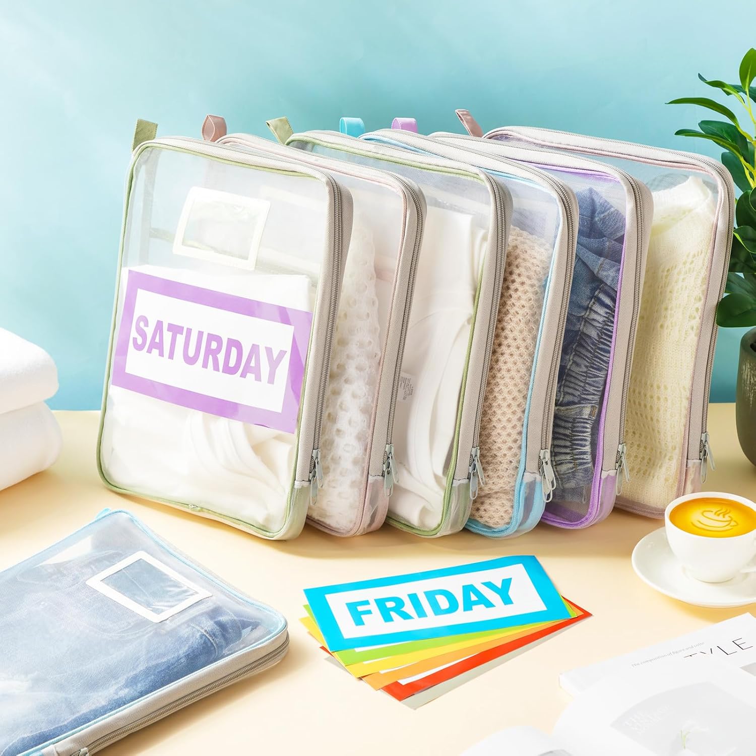 Honoson 7 Pack Packing Cubes for Travel Days of Week Packing Cubes with Labels Clear Zippered Storage Bag for Travel Summer Camp Essentials - Image 2