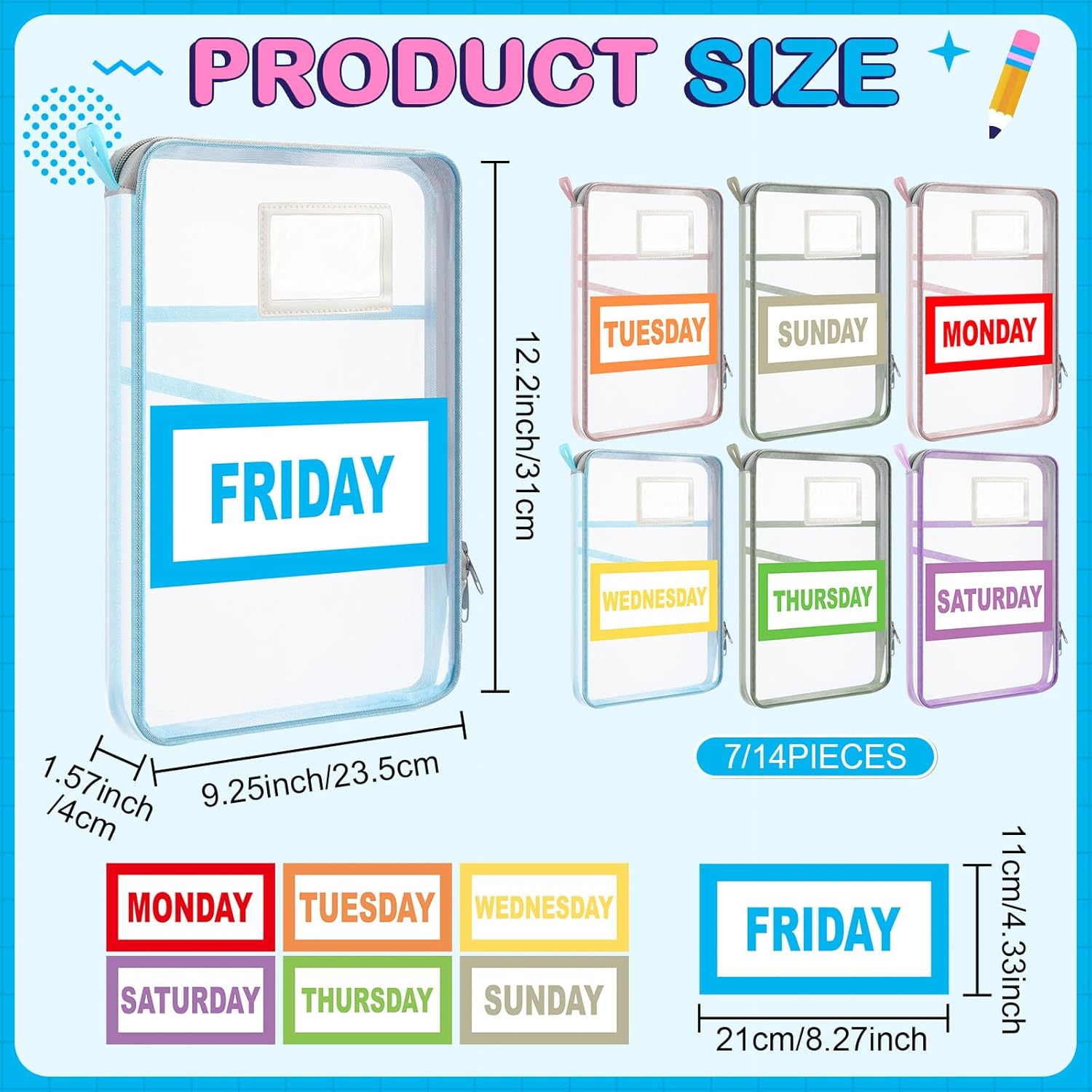 Honoson 7 Pack Packing Cubes for Travel Days of Week Packing Cubes with Labels Clear Zippered Storage Bag for Travel Summer Camp Essentials - Image 3