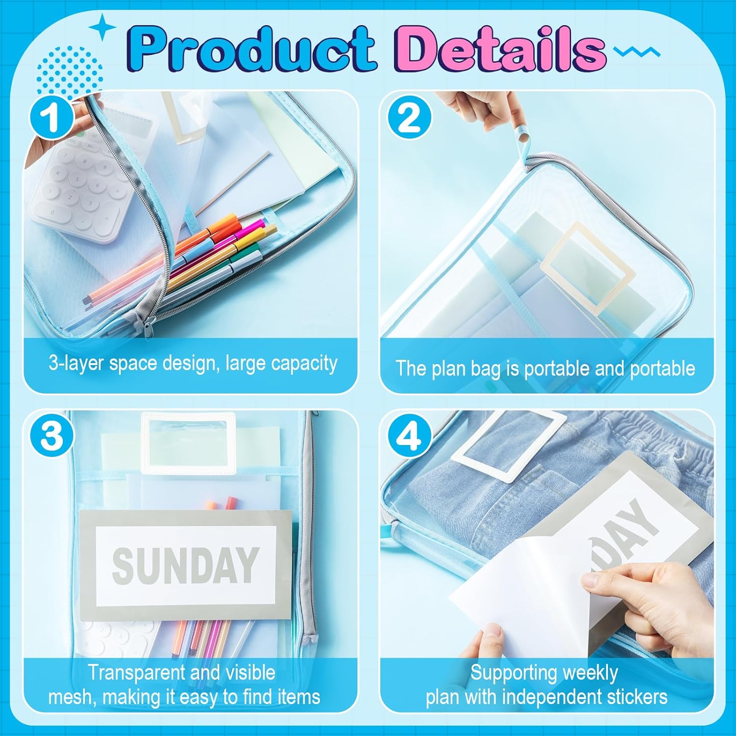 Honoson 7 Pack Packing Cubes for Travel Days of Week Packing Cubes with Labels Clear Zippered Storage Bag for Travel Summer Camp Essentials - Image 4