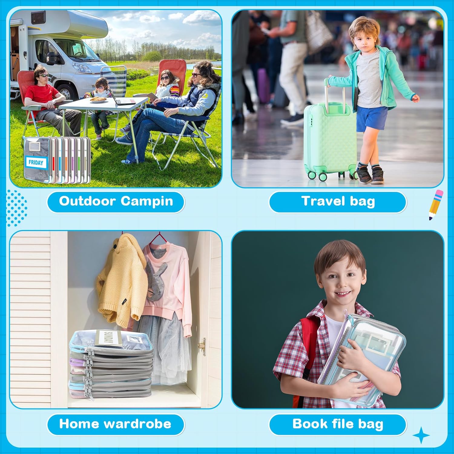 Honoson 7 Pack Packing Cubes for Travel Days of Week Packing Cubes with Labels Clear Zippered Storage Bag for Travel Summer Camp Essentials - Image 7